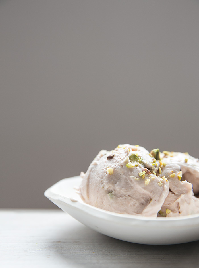 rhubarb ice cream with pistachio chunks dairy-free by What's Cooking Good Looking